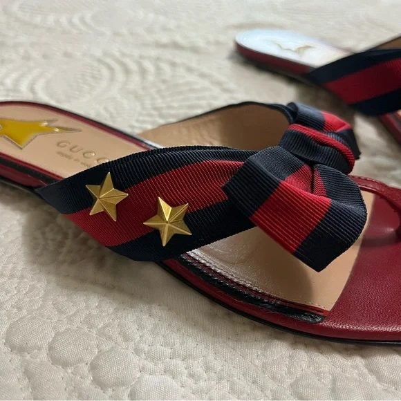 GUCCI Web Star Sandal Flip Flop Patriotic Gold Star Red Blue Bow Flat Size 37 - Picture 5 of 8